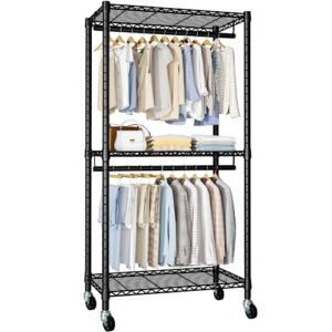 futassi portable closets, heavy-duty garment rack with shelves and hanger rods, rolling freestanding wardrobe system, clothes organizers and storage with 2 lockable casters, 30"w x 14"d x 76"h, black