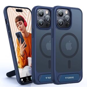 torras stronger magnetic for iphone 14 pro max case with stand, compatible with magsafe, built in hidden kickstand, 10ft mil-grade drop protection for iphone 14 pro max case, translucent matte blue