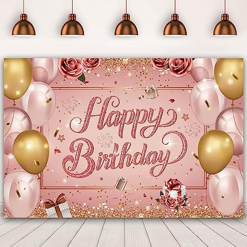 7x5Ft Red Rose Flowers Floral Happy Birthday Backdrop Gold and Pink Balloon Photo Background Women Birthday Party Decorations Party Supplies Photo Background Banner Polyester Fabric