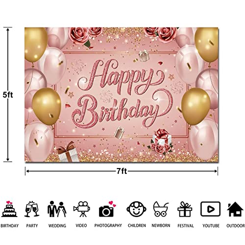 7x5Ft Red Rose Flowers Floral Happy Birthday Backdrop Gold and Pink Balloon Photo Background Women Birthday Party Decorations Party Supplies Photo Background Banner Polyester Fabric