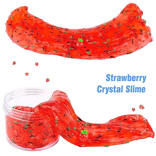 Strawberry Crystal Slime with Clear Glitter, Premade Jelly Crunchy Red Slime for Girls & Boys, DIY Glimmer Slime Party Favor for Kids, Soft, Non-Stick Putty Birthday Slime Toy Super Stress Relieving