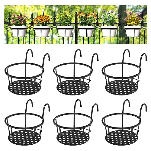 CADANI Iron Hanging Plant Holder Over The Rail Metal Fence Planters, Hanging Bucket Flower Pot Holder for Patio Balcony Outdoor Plants - Pack of 6 (Black)