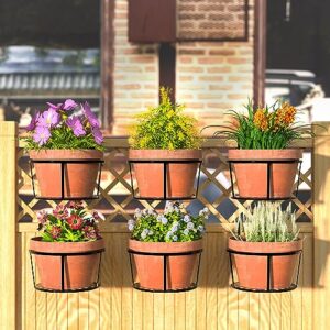 CADANI Iron Hanging Plant Holder Over The Rail Metal Fence Planters, Hanging Bucket Flower Pot Holder for Patio Balcony Outdoor Plants - Pack of 6 (Black)