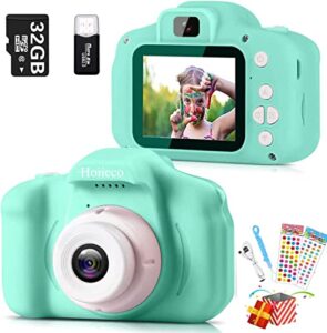 hoiicco kids camera, children digital video camera for toddler, christmas birthday gift for boys and girls, toy camera for 3-12 year old kids with 32gb card, reader card, stickers (green)