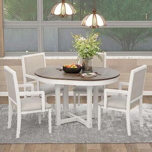 p purlove farmhouse 5 piece round dining table set for 4,two-size round to oval extendable butterfly leaf wood dining table with 4 upholstered chairs for 4,dining room table set