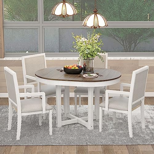 P PURLOVE Farmhouse 5 Piece Round Dining Table Set for 4,Two-Size Round to Oval Extendable Butterfly Leaf Wood Dining Table with 4 Upholstered Chairs for 4,Dining Room Table Set