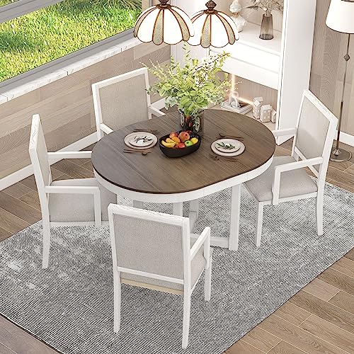 P PURLOVE Farmhouse 5 Piece Round Dining Table Set for 4,Two-Size Round to Oval Extendable Butterfly Leaf Wood Dining Table with 4 Upholstered Chairs for 4,Dining Room Table Set