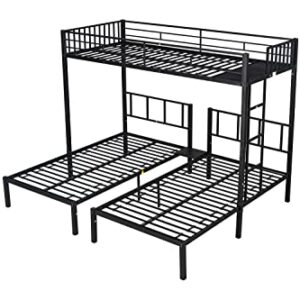 Eafurn Metal Triple Bunk Beds, Twin-Over-Twin & Twin Bunk Bed with Guardrails and Ladder, 3 in 1 L Shaped Detachable Bunk Bed for Family, Kids Teens Adults Boys Girls, No Box Spring Needed