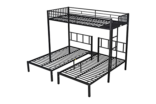 Eafurn Metal Triple Bunk Beds, Twin-Over-Twin & Twin Bunk Bed with Guardrails and Ladder, 3 in 1 L Shaped Detachable Bunk Bed for Family, Kids Teens Adults Boys Girls, No Box Spring Needed