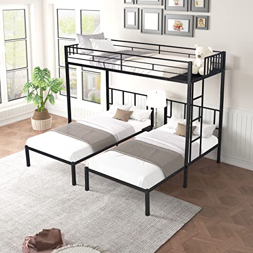 Eafurn Metal Triple Bunk Beds, Twin-Over-Twin & Twin Bunk Bed with Guardrails and Ladder, 3 in 1 L Shaped Detachable Bunk Bed for Family, Kids Teens Adults Boys Girls, No Box Spring Needed