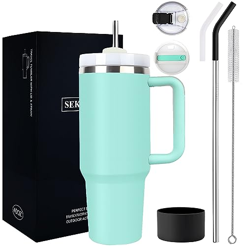 Sekirou 40 oz Tumbler with Handle and Straw Lid, Large Insulated Quencher Stainless Steel Metal Water Bottle, with Leak Proof Lid, Metal Straw and Flexible Straw Tip (A-Eucalyptus Green)