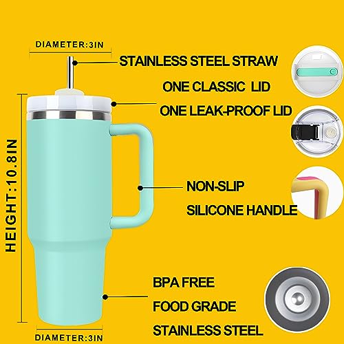 Sekirou 40 oz Tumbler with Handle and Straw Lid, Large Insulated Quencher Stainless Steel Metal Water Bottle, with Leak Proof Lid, Metal Straw and Flexible Straw Tip (A-Eucalyptus Green)