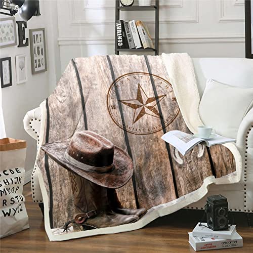 Cowboy Throw Blanket Baby 30"X40" Western Texas Star Horseshoe Fleece Bed Blanket For Adult Men Boys Rustic Farmhouse Sherpa Blanket Cowboy Boots Hat Fuzzy Blanket Brown Wild West Style Room Decor