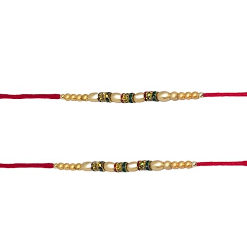 TheNext7 Beautiful Rakhi for Brother, Traditional Design Handmade Rakhi, Rakhee Bracelet for Brother Bhayi Bhabi, White Beads and Red-White-Green Rings Rakhi, Indian Traditional Rakhi Thread Set of 2