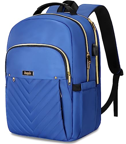 Backpack for Women, Travel Backpacks With USB Charging Port, School Student Anti Theft Laptop Bookbag, Large Quilted College Backpack Computer Bag Fits 17.3 Inch, Business, Work, Casual Daypack Blue