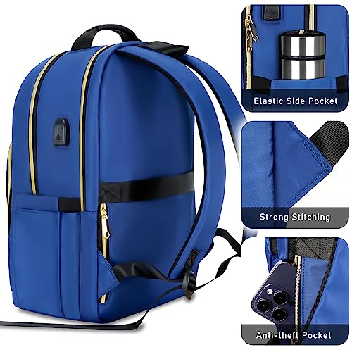 Backpack for Women, Travel Backpacks With USB Charging Port, School Student Anti Theft Laptop Bookbag, Large Quilted College Backpack Computer Bag Fits 17.3 Inch, Business, Work, Casual Daypack Blue