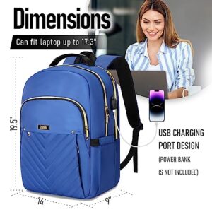 Backpack for Women, Travel Backpacks With USB Charging Port, School Student Anti Theft Laptop Bookbag, Large Quilted College Backpack Computer Bag Fits 17.3 Inch, Business, Work, Casual Daypack Blue