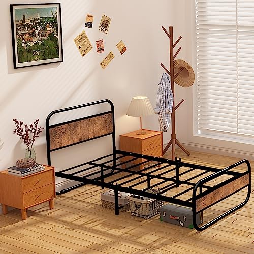 Vecilla Twin Bed Frame with Wood Headboard and Footboard, 12 inch Heavy Duty Platform Bed Frame No Box Spring Needed, Non Slip Mattress Foundation, Easy Assembly, Noise-Free, Rustic Brown