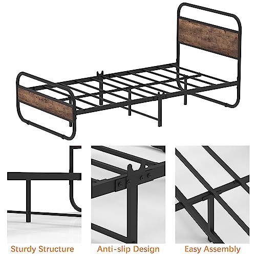 Vecilla Twin Bed Frame with Wood Headboard and Footboard, 12 inch Heavy Duty Platform Bed Frame No Box Spring Needed, Non Slip Mattress Foundation, Easy Assembly, Noise-Free, Rustic Brown