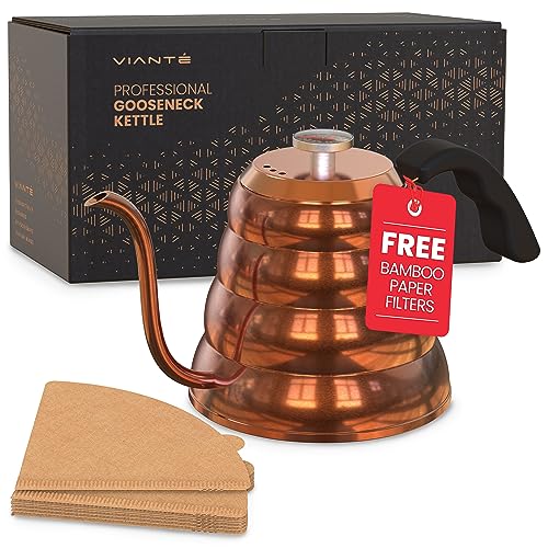 Vianté Pour Over Coffee Kettle with Thermometer for Exact Temperature 40 fl oz - Premium Stainless Steel Gooseneck Tea Kettle for Drip Coffee, French Press and Tea - Works on Stove and Any Heat Source