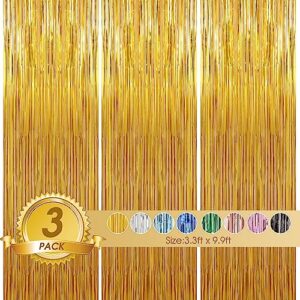 birthday party decorations| 3 pack 3.3 x 9.9 ft gold foil fringe curtains party supplies|tinsel curtain backdrop for parties, glitter streamers backdrop for birthday/photo booth backdrops/party decor