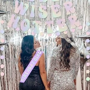 Older Wiser Hotter Happy Birthday Banner Party Decorations, Cute Iridescent Birthday Garland Birthday Girl Sash for Women 30th 40th 50th 60th 70th 80th Home Indoor Disco Photobooth Backdrop Decor