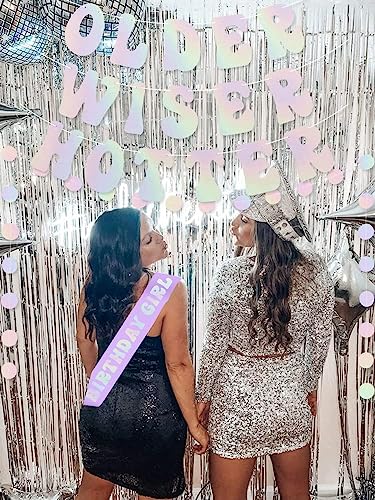 Older Wiser Hotter Happy Birthday Banner Party Decorations, Cute Iridescent Birthday Garland Birthday Girl Sash for Women 30th 40th 50th 60th 70th 80th Home Indoor Disco Photobooth Backdrop Decor