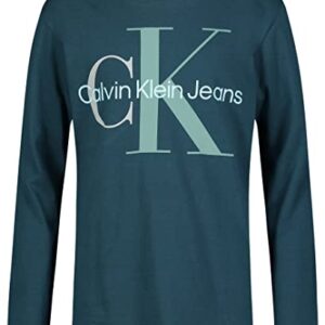 Calvin Klein Boys' Long Sleeve Crew Neck T-Shirt, Soft, Comfortable, Relaxed Fit, 3-Color Monologo Cyan, 18-20