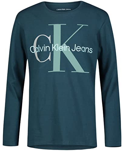 Calvin Klein Boys' Long Sleeve Crew Neck T-Shirt, Soft, Comfortable, Relaxed Fit, 3-Color Monologo Cyan, 18-20