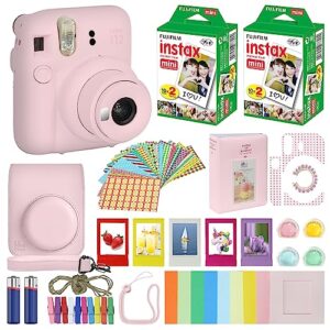 fujifilm instax mini 12 instant camera blossom pink + carrying case + fuji instax film value pack (40 sheets) accessories bundle, color filters, photo album, assorted frames