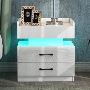 led nightstand with charging station, white night stands with usb charging ports and led lights, modern wooden bedside table with 2 drawers, small end side table with drawers for bedroom, living room