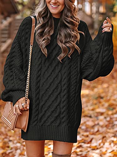 ANRABESS Women 2023 Fall Crewneck Long Sleeve Oversized Cable Knit Chunky Baggy Loose Knit Pullover Short Sweater Dresses Trendy Winter Tunic Mini Dress 412heise-XS Black