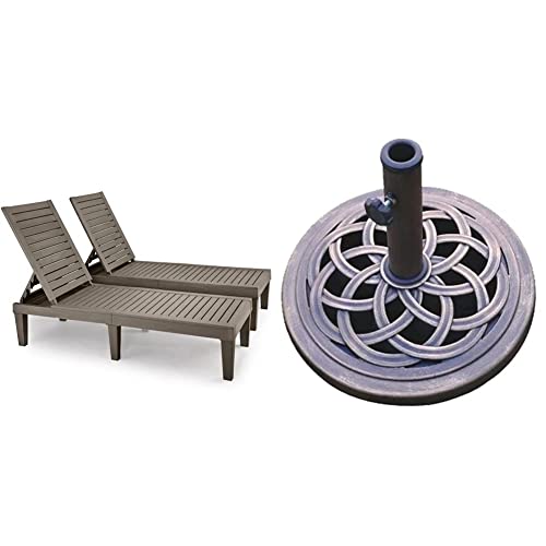 YITAHOME Chaise Outdoor Lounge Chairs, Set of 2, Taupe & DC America UBP18181-BR 18-Inch Cast Stone Umbrella Base, Made from Rust Free Composite Materials, Bronze Powder Coated Finish