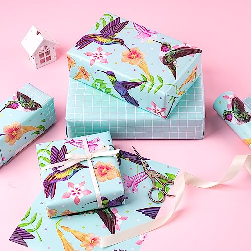 RUSPEPA Reversible Wrapping Paper Roll - Floral Design Great for Birthday, Party, Bridal Shower - 17.5 Inches X 32.8 Feet, Hummingbird