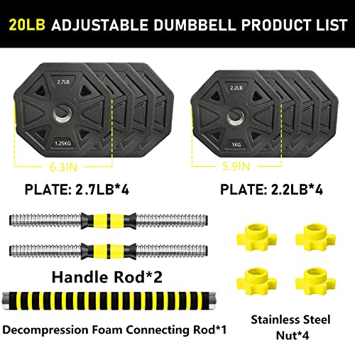 Adjustable Weights Dumbbells Set,Non-Rolling Adjustable Dumbbell/BarbellSet, Free Weights Dumbbells Set With Connecting,Hexagon,Dumbbell Weights Set for Home Gym, Fitness Equipment for Men Women (20lbs)
