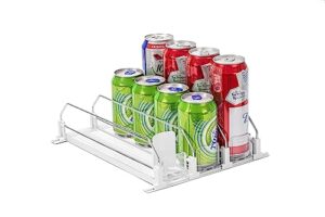 drink organizer for fridge, self-pushing soda can organizer for counter refrigerator, width adjustable pusher glide, white, 12”depth-3rows
