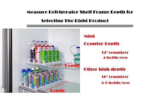 Drink Organizer for Fridge, Self-Pushing Soda Can Organizer for Counter Refrigerator, Width Adjustable Pusher Glide, White, 12”depth-3rows