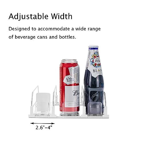 Drink Organizer for Fridge, Self-Pushing Soda Can Organizer for Counter Refrigerator, Width Adjustable Pusher Glide, White, 12”depth-3rows