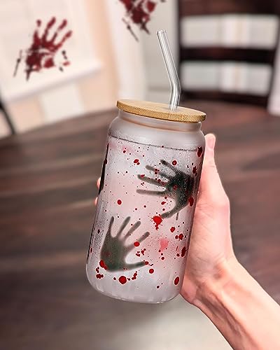 Nefelibata Halloween Horror Beer Can Glass 16 OZ Iced Coffee Cup with Lid Straw and Brush, Reusable Drinking Jar for Coffee Tea Juice Soda Halloween Party Decor Fall Christmas Gift Ideas Set of 1