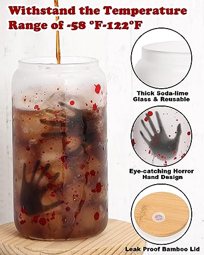 Nefelibata Halloween Horror Beer Can Glass 16 OZ Iced Coffee Cup with Lid Straw and Brush, Reusable Drinking Jar for Coffee Tea Juice Soda Halloween Party Decor Fall Christmas Gift Ideas Set of 1