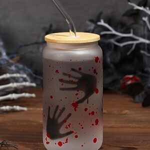 Nefelibata Halloween Horror Beer Can Glass 16 OZ Iced Coffee Cup with Lid Straw and Brush, Reusable Drinking Jar for Coffee Tea Juice Soda Halloween Party Decor Fall Christmas Gift Ideas Set of 1