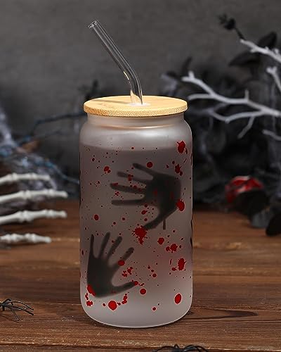 Nefelibata Halloween Horror Beer Can Glass 16 OZ Iced Coffee Cup with Lid Straw and Brush, Reusable Drinking Jar for Coffee Tea Juice Soda Halloween Party Decor Fall Christmas Gift Ideas Set of 1