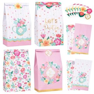decorlife 24pcs tea party favor bags, 4 styles, tea party candy bags for girls, women, kids, perfect for birthday party, stickers included