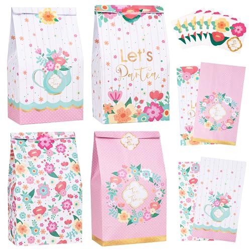 DECORLIFE 24PCS Tea Party Favor Bags, 4 Styles, Tea Party Candy Bags for Girls, Women, Kids, Perfect for Birthday Party, Stickers Included