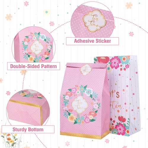 DECORLIFE 24PCS Tea Party Favor Bags, 4 Styles, Tea Party Candy Bags for Girls, Women, Kids, Perfect for Birthday Party, Stickers Included