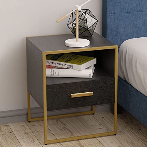 Black Nightstand Set of 2 with 1 Drawer and Open Storage, Black and Gold Modern Night Stands, Wooden Storage Bedside Tables with Metal Frame, Small End Side Table for Bedroom, Living Room