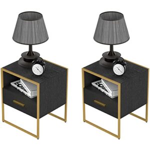 black nightstand set of 2 with 1 drawer and open storage, black and gold modern night stands, wooden storage bedside tables with metal frame, small end side table for bedroom, living room