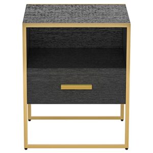 Black Nightstand Set of 2 with 1 Drawer and Open Storage, Black and Gold Modern Night Stands, Wooden Storage Bedside Tables with Metal Frame, Small End Side Table for Bedroom, Living Room