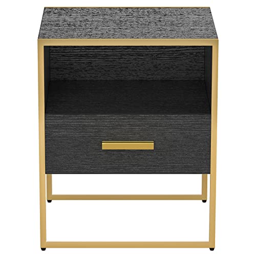 Black Nightstand Set of 2 with 1 Drawer and Open Storage, Black and Gold Modern Night Stands, Wooden Storage Bedside Tables with Metal Frame, Small End Side Table for Bedroom, Living Room