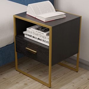 Black Nightstand Set of 2 with 1 Drawer and Open Storage, Black and Gold Modern Night Stands, Wooden Storage Bedside Tables with Metal Frame, Small End Side Table for Bedroom, Living Room